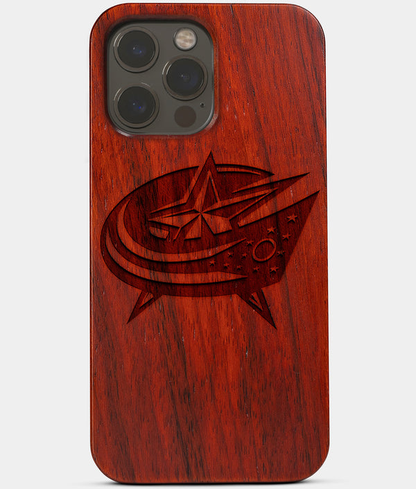 Carved Wood Columbus Blue Jackets iPhone 13 Pro Max Case | Custom Columbus Blue Jackets Gift, Birthday Gift | Personalized Mahogany Wood Cover, Gifts For Him, Monogrammed Gift For Fan | by Engraved In Nature