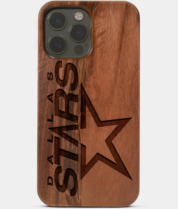 Carved Wood Dallas Stars iPhone 13 Pro Max Case | Custom Dallas Stars Gift, Birthday Gift | Personalized Mahogany Wood Cover, Gifts For Him, Monogrammed Gift For Fan | by Engraved In Nature