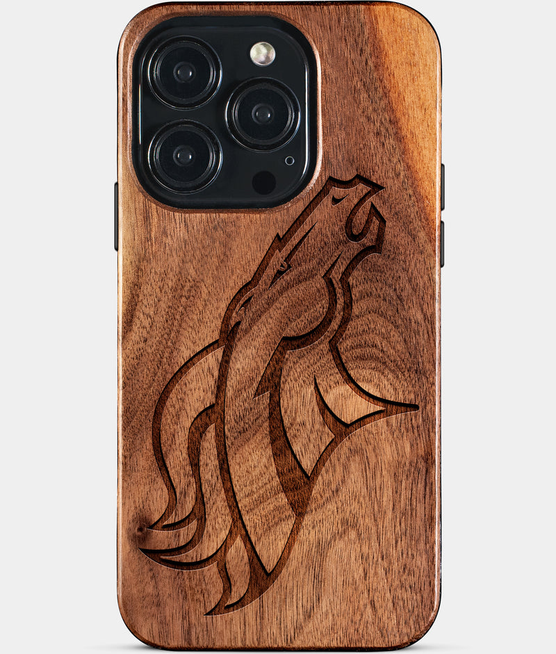 Eco-friendly Denver Broncos iPhone 15 Pro Case - Carved Wood Custom Denver Broncos Gift For Him - Monogrammed Personalized iPhone 15 Pro Cover By Engraved In Nature