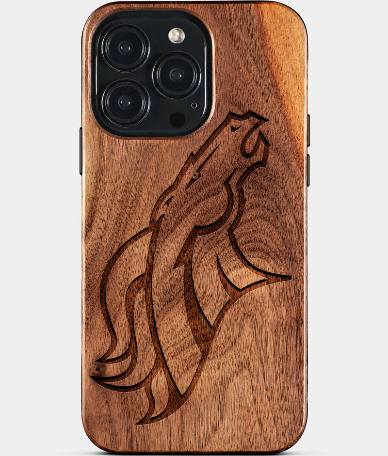 Eco-friendly Denver Broncos iPhone 15 Pro Max Case - Carved Wood Custom Denver Broncos Gift For Him - Monogrammed Personalized iPhone 15 Pro Max Cover By Engraved In Nature