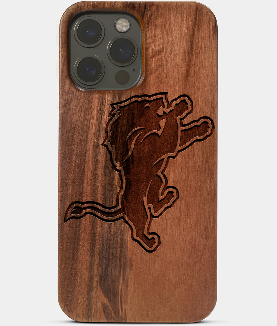 Carved Wood Detroit Lions iPhone 13 Pro Case | Custom Detroit Lions Gift, Birthday Gift | Personalized Mahogany Wood Cover, Gifts For Him, Monogrammed Gift For Fan | by Engraved In Nature