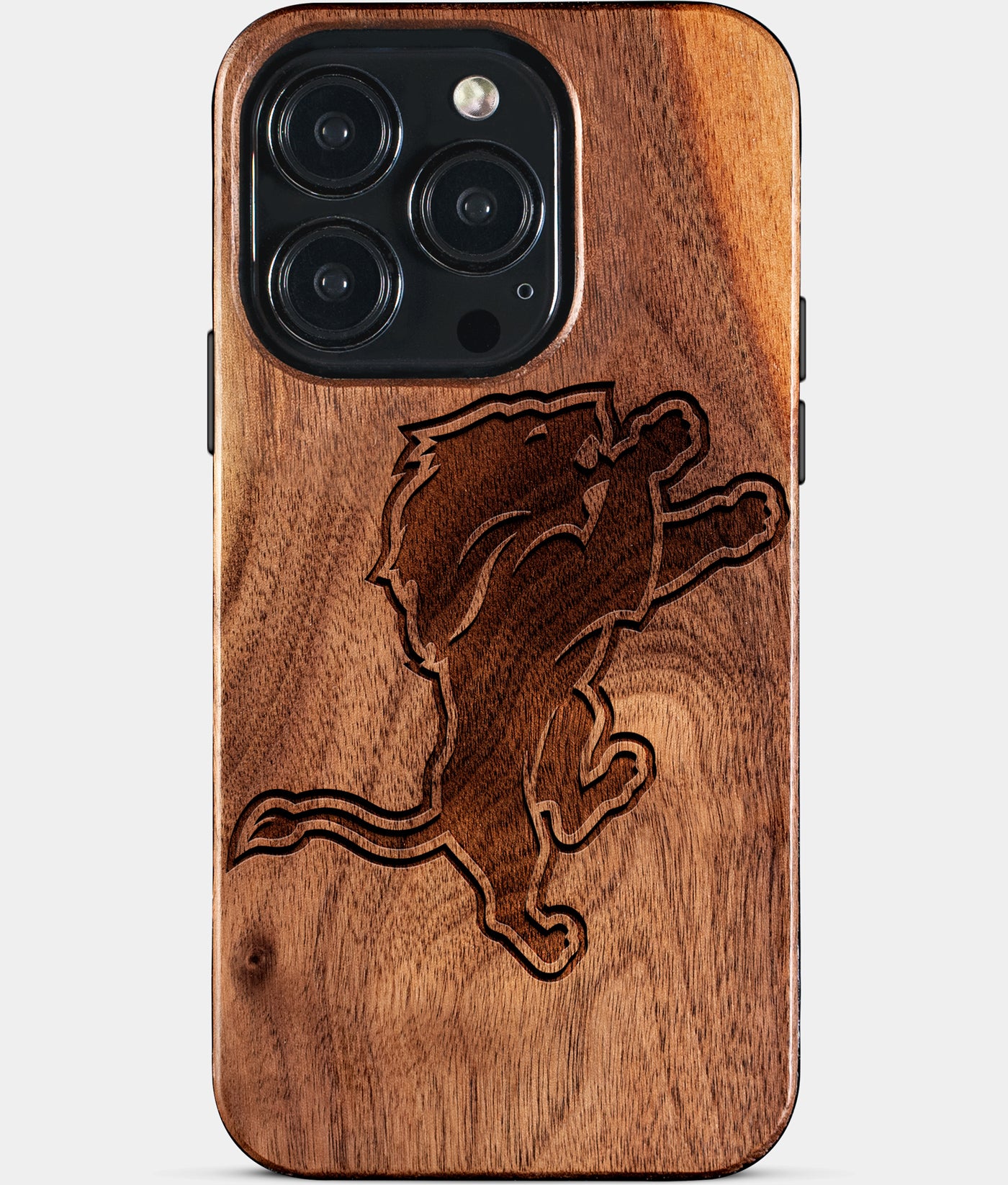 Eco-friendly Detroit Lions iPhone 15 Pro Case - Carved Wood Custom Detroit Lions Gift For Him - Monogrammed Personalized iPhone 15 Pro Cover By Engraved In Nature