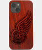 Carved Wood Detroit Red Wings iPhone 13 Mini Case | Custom Detroit Red Wings Gift, Birthday Gift | Personalized Mahogany Wood Cover, Gifts For Him, Monogrammed Gift For Fan | by Engraved In Nature