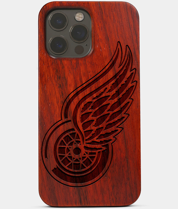 Carved Wood Detroit Red Wings iPhone 13 Pro Max Case | Custom Detroit Red Wings Gift, Birthday Gift | Personalized Mahogany Wood Cover, Gifts For Him, Monogrammed Gift For Fan | by Engraved In Nature