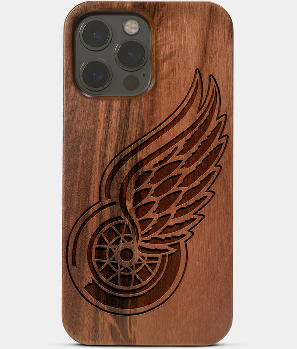 Carved Wood Detroit Red Wings iPhone 13 Pro Max Case | Custom Detroit Red Wings Gift, Birthday Gift | Personalized Mahogany Wood Cover, Gifts For Him, Monogrammed Gift For Fan | by Engraved In Nature