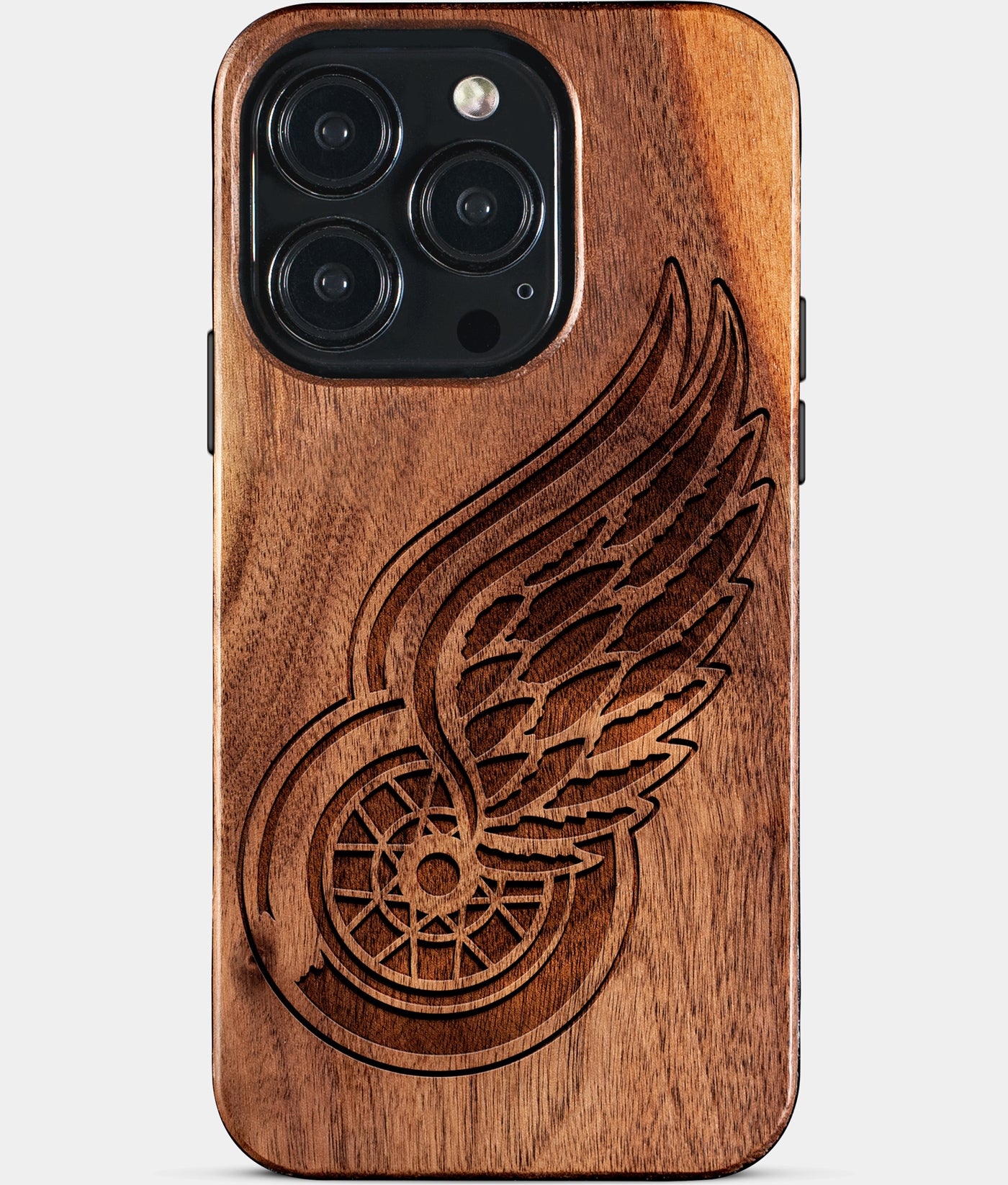 Eco-friendly Detroit Red Wings iPhone 15 Pro Case - Carved Wood Custom Detroit Red Wings Gift For Him - Monogrammed Personalized iPhone 15 Pro Cover By Engraved In Nature