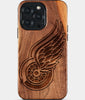 Eco-friendly Detroit Red Wings iPhone 15 Pro Max Case - Carved Wood Custom Detroit Red Wings Gift For Him - Monogrammed Personalized iPhone 15 Pro Max Cover By Engraved In Nature