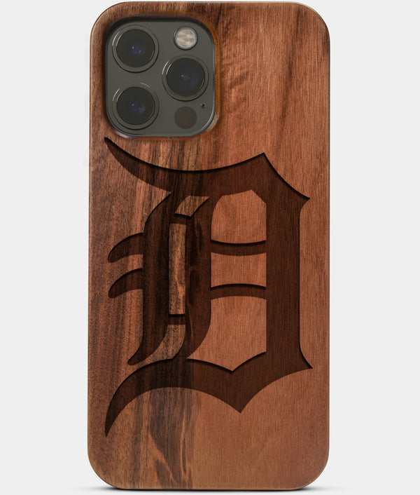 Carved Wood Detroit Tigers iPhone 13 Pro Case | Custom Detroit Tigers Gift, Birthday Gift | Personalized Mahogany Wood Cover, Gifts For Him, Monogrammed Gift For Fan | by Engraved In Nature