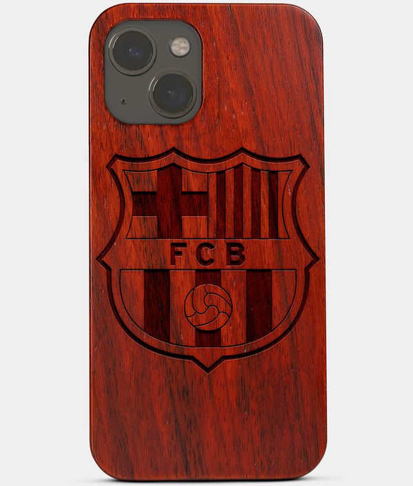 Carved Wood FC Barcelona iPhone 13 Case | Custom FC Barcelona Gift, Birthday Gift | Personalized Mahogany Wood Cover, Gifts For Him, Monogrammed Gift For Fan | by Engraved In Nature