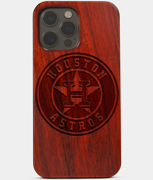 Carved Wood Houston Astros iPhone 13 Pro Case | Custom Houston Astros Gift, Birthday Gift | Personalized Mahogany Wood Cover, Gifts For Him, Monogrammed Gift For Fan | by Engraved In Nature