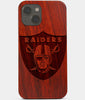 Carved Wood Las Vegas Raiders iPhone 13 Mini Case | Custom Las Vegas Raiders Gift, Birthday Gift | Personalized Mahogany Wood Cover, Gifts For Him, Monogrammed Gift For Fan | by Engraved In Nature