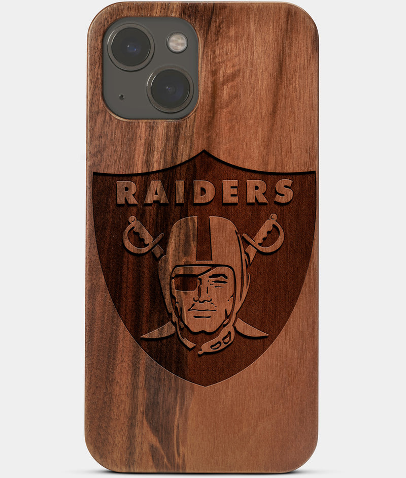 Carved Wood Las Vegas Raiders iPhone 13 Mini Case | Custom Las Vegas Raiders Gift, Birthday Gift | Personalized Mahogany Wood Cover, Gifts For Him, Monogrammed Gift For Fan | by Engraved In Nature