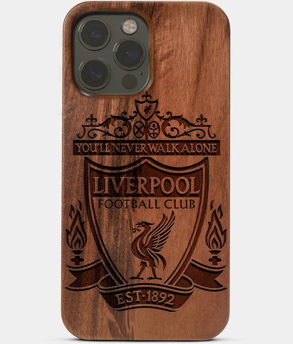 Carved Wood Liverpool F.C. iPhone 13 Pro Max Case | Custom Liverpool F.C. Gift, Birthday Gift | Personalized Mahogany Wood Cover, Gifts For Him, Monogrammed Gift For Fan | by Engraved In Nature