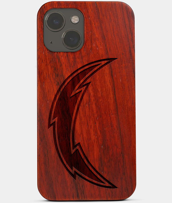 Carved Wood Los Angeles Chargers iPhone 13 Mini Case | Custom LA Chargers Gift, Birthday Gift | Personalized Mahogany Wood Cover, Gifts For Him, Monogrammed Gift For Fan | by Engraved In Nature