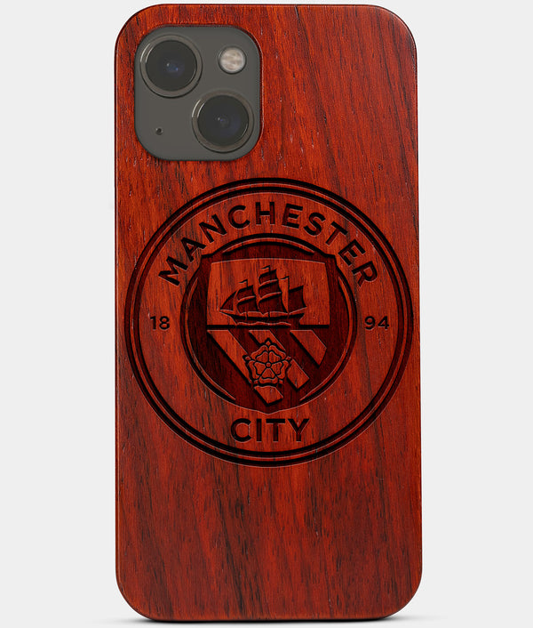 Carved Wood Manchester City F.C. iPhone 13 Case | Custom Manchester City F.C. Gift, Birthday Gift | Personalized Mahogany Wood Cover, Gifts For Him, Monogrammed Gift For Fan | by Engraved In Nature