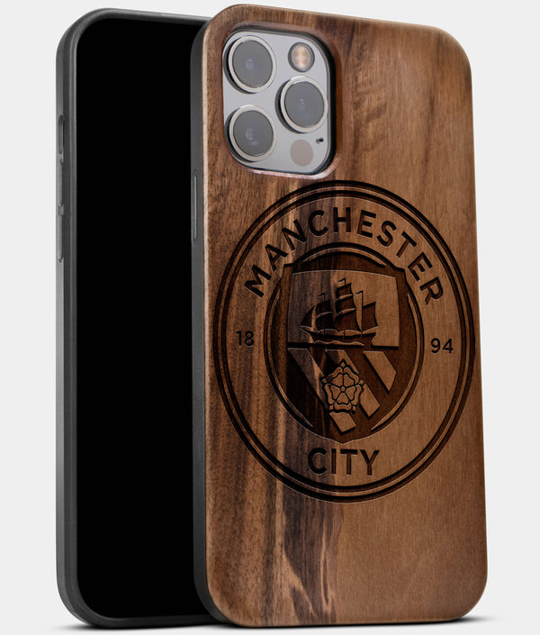 Best Wood Manchester City F.C. iPhone 13 Pro Max Case | Custom Manchester City F.C. Gift | Walnut Wood Cover - Engraved In Nature