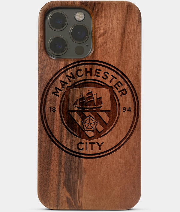 Carved Wood Manchester City F.C. iPhone 13 Pro Max Case | Custom Manchester City F.C. Gift, Birthday Gift | Personalized Mahogany Wood Cover, Gifts For Him, Monogrammed Gift For Fan | by Engraved In Nature