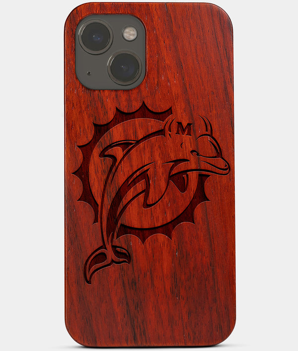 Carved Wood Miami Dolphins iPhone 13 Mini Case | Custom Miami Dolphins Gift, Birthday Gift | Personalized Mahogany Wood Cover, Gifts For Him, Monogrammed Gift For Fan | by Engraved In Nature