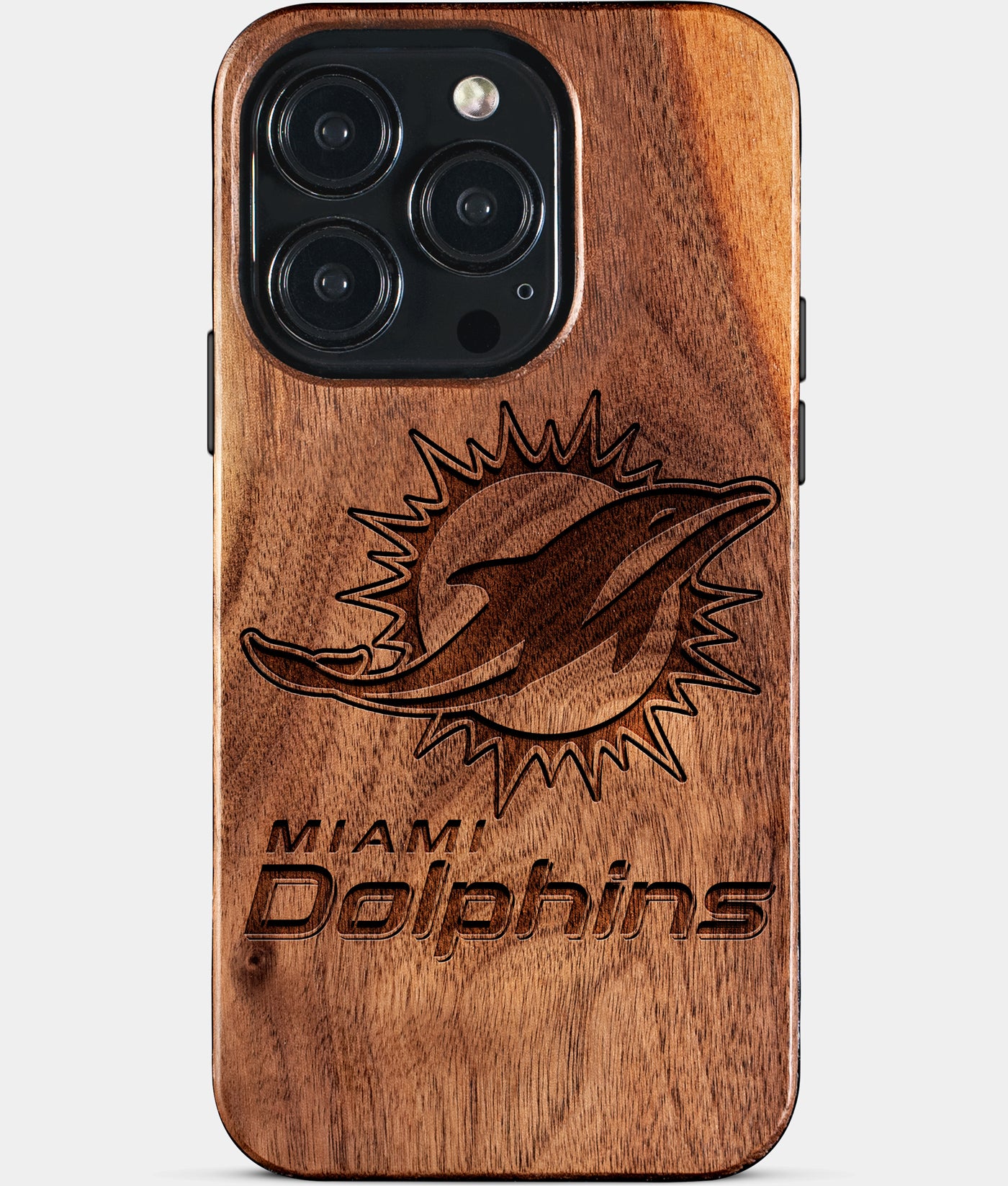 Eco-friendly Miami Dolphins iPhone 15 Pro Case - Carved Wood Custom Miami Dolphins Gift For Him - Monogrammed Personalized iPhone 15 Pro Cover By Engraved In Nature