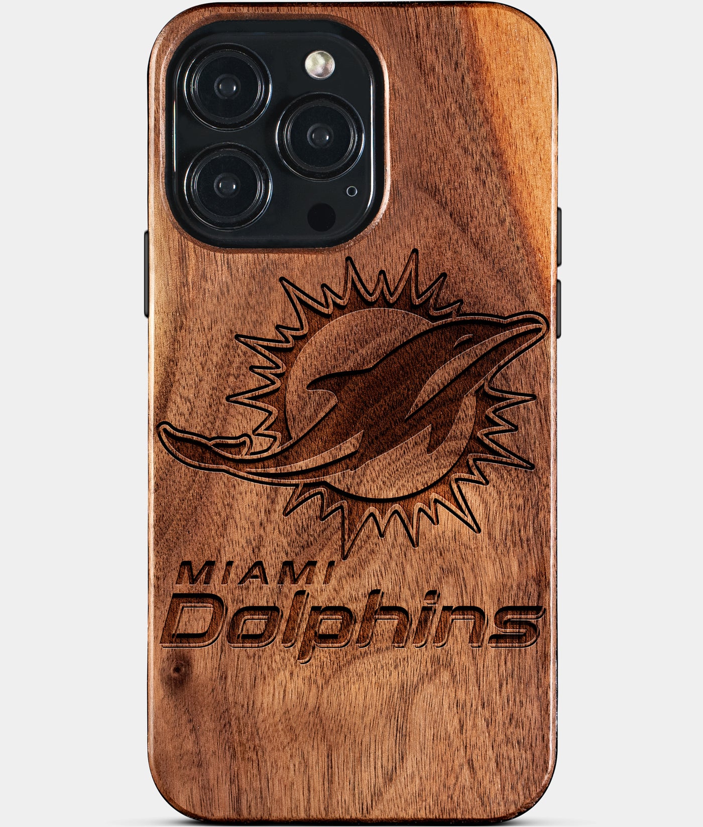 Eco-friendly Miami Dolphins iPhone 15 Pro Max Case - Carved Wood Custom Miami Dolphins Gift For Him - Monogrammed Personalized iPhone 15 Pro Max Cover By Engraved In Nature