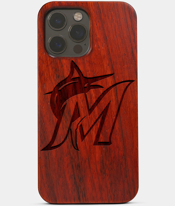 Carved Wood Miami Marlins iPhone 13 Pro Case | Custom Miami Marlins Gift, Birthday Gift | Personalized Mahogany Wood Cover, Gifts For Him, Monogrammed Gift For Fan | by Engraved In Nature