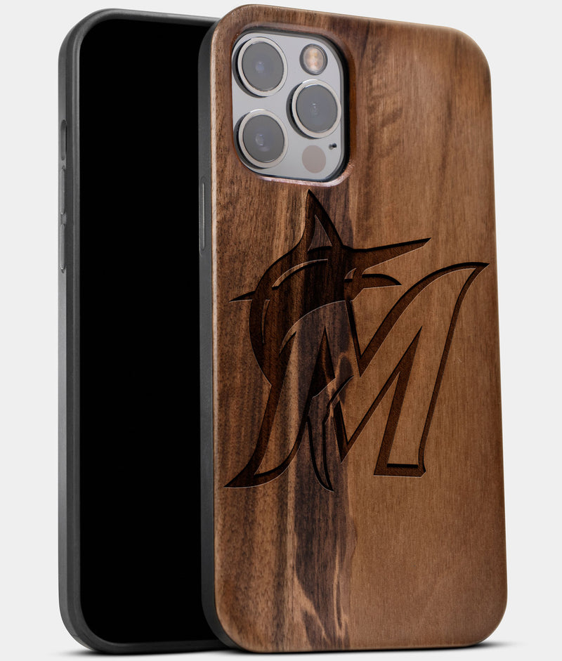 Best Wood Miami Marlins iPhone 13 Pro Case | Custom Miami Marlins Gift | Walnut Wood Cover - Engraved In Nature