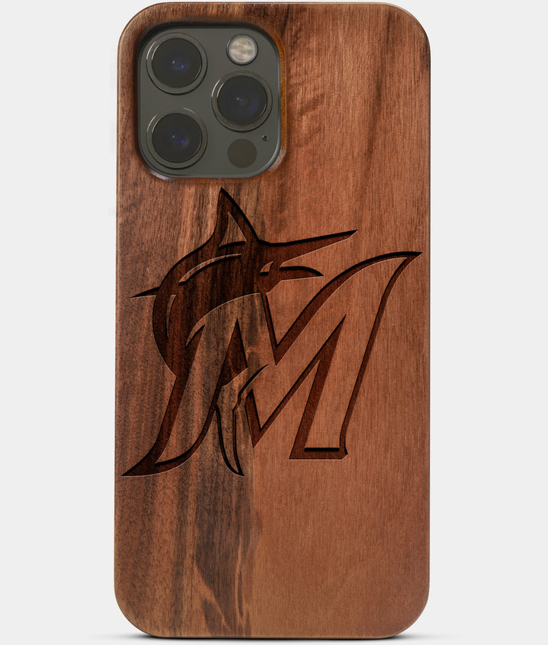 Carved Wood Miami Marlins iPhone 13 Pro Case | Custom Miami Marlins Gift, Birthday Gift | Personalized Mahogany Wood Cover, Gifts For Him, Monogrammed Gift For Fan | by Engraved In Nature