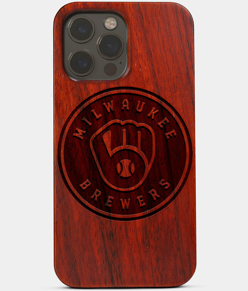 Carved Wood Milwaukee Brewers iPhone 13 Pro Case | Custom Milwaukee Brewers Gift, Birthday Gift | Personalized Mahogany Wood Cover, Gifts For Him, Monogrammed Gift For Fan | by Engraved In Nature