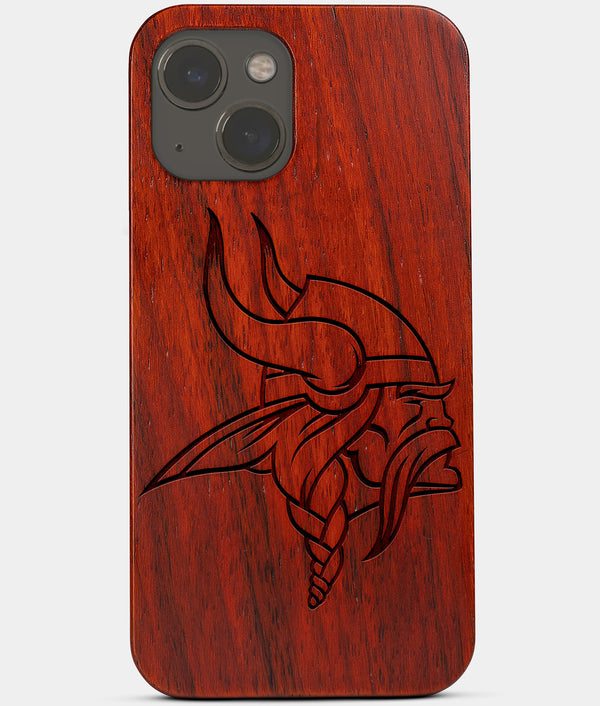 Carved Wood Minnesota Vikings iPhone 13 Mini Case | Custom Minnesota Vikings Gift, Birthday Gift | Personalized Mahogany Wood Cover, Gifts For Him, Monogrammed Gift For Fan | by Engraved In Nature