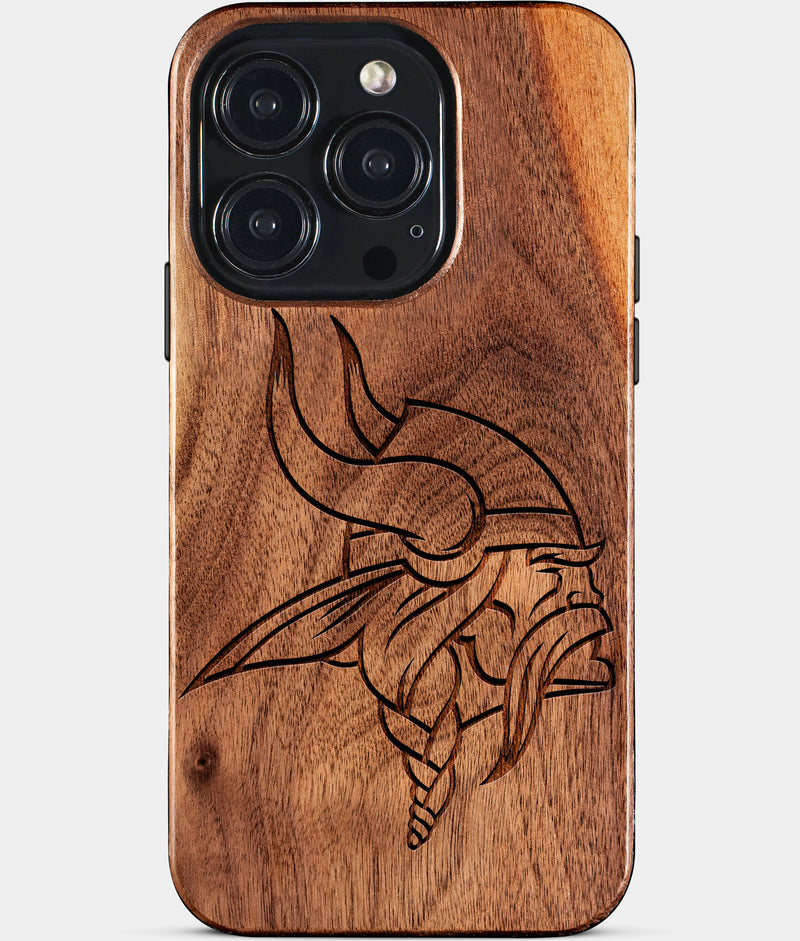 Eco-friendly Minnesota Vikings iPhone 15 Pro Case - Carved Wood Custom Minnesota Vikings Gift For Him - Monogrammed Personalized iPhone 15 Pro Cover By Engraved In Nature