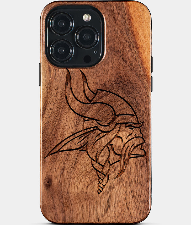 Eco-friendly Minnesota Vikings iPhone 15 Pro Max Case - Carved Wood Custom Minnesota Vikings Gift For Him - Monogrammed Personalized iPhone 15 Pro Max Cover By Engraved In Nature