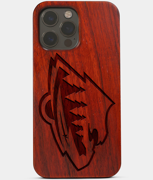 Carved Wood Minnesota Wild iPhone 13 Pro Max Case | Custom Minnesota Wild Gift, Birthday Gift | Personalized Mahogany Wood Cover, Gifts For Him, Monogrammed Gift For Fan | by Engraved In Nature