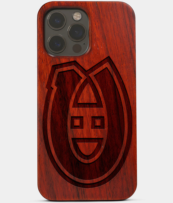 Carved Wood Montreal Canadiens iPhone 13 Pro Max Case | Custom Montreal Canadiens Gift, Birthday Gift | Personalized Mahogany Wood Cover, Gifts For Him, Monogrammed Gift For Fan | by Engraved In Nature