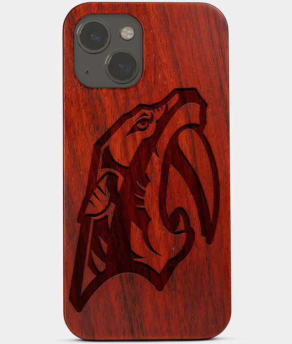 Carved Wood Nashville Predators iPhone 13 Mini Case | Custom Nashville Predators Gift, Birthday Gift | Personalized Mahogany Wood Cover, Gifts For Him, Monogrammed Gift For Fan | by Engraved In Nature