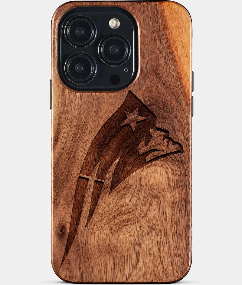 Eco-friendly New England Patriots iPhone 15 Pro Case - Carved Wood Custom New England Patriots Gift For Him - Monogrammed Personalized iPhone 15 Pro Cover By Engraved In Nature