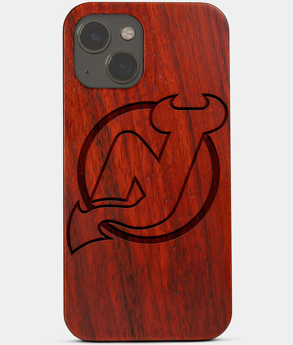 Carved Wood New Jersey Devils iPhone 13 Mini Case | Custom New Jersey Devils Gift, Birthday Gift | Personalized Mahogany Wood Cover, Gifts For Him, Monogrammed Gift For Fan | by Engraved In Nature