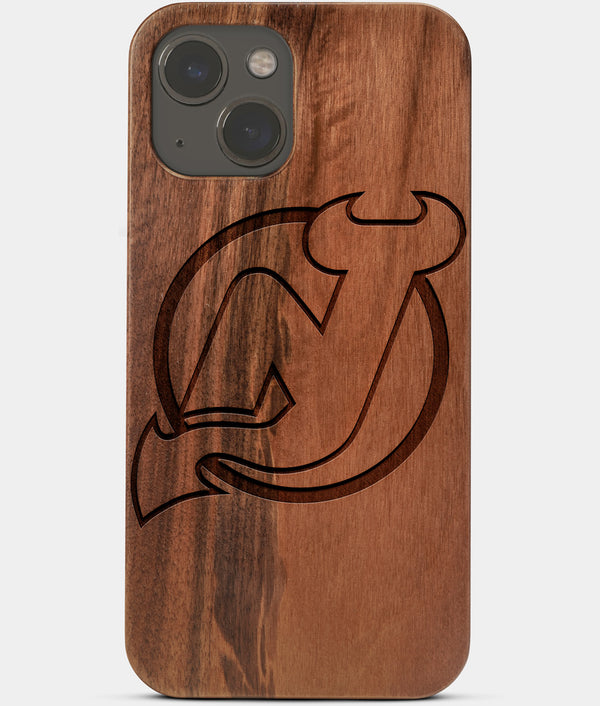 Carved Wood New Jersey Devils iPhone 13 Mini Case | Custom New Jersey Devils Gift, Birthday Gift | Personalized Mahogany Wood Cover, Gifts For Him, Monogrammed Gift For Fan | by Engraved In Nature