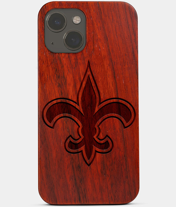 Carved Wood New Orleans Saints iPhone 13 Mini Case | Custom New Orleans Saints Gift, Birthday Gift | Personalized Mahogany Wood Cover, Gifts For Him, Monogrammed Gift For Fan | by Engraved In Nature