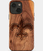 Eco-friendly New Orleans Saints iPhone 15 Case - Carved Wood Custom New Orleans Saints Gift For Him - Monogrammed Personalized iPhone 15 Cover By Engraved In Nature