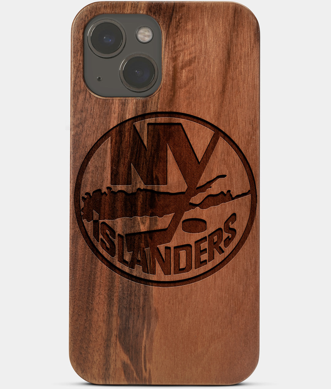 Carved Wood New York Islanders iPhone 13 Mini Case | Custom NY Islanders Gift, Birthday Gift | Personalized Mahogany Wood Cover, Gifts For Him, Monogrammed Gift For Fan | by Engraved In Nature