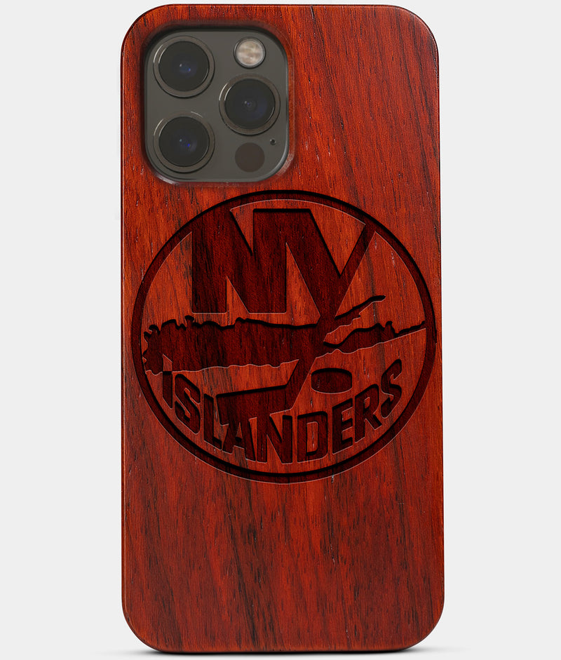 Carved Wood New York Islanders iPhone 13 Pro Case | Custom NY Islanders Gift, Birthday Gift | Personalized Mahogany Wood Cover, Gifts For Him, Monogrammed Gift For Fan | by Engraved In Nature