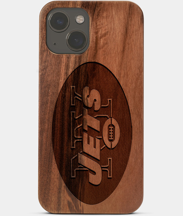 Carved Wood New York Jets iPhone 13 Mini Case | Custom NY Jets Gift, Birthday Gift | Personalized Mahogany Wood Cover, Gifts For Him, Monogrammed Gift For Fan | by Engraved In Nature