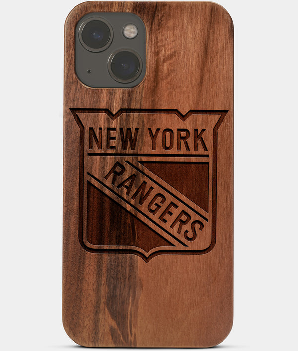 Carved Wood New York Rangers iPhone 13 Mini Case | Custom NY Rangers Gift, Birthday Gift | Personalized Mahogany Wood Cover, Gifts For Him, Monogrammed Gift For Fan | by Engraved In Nature