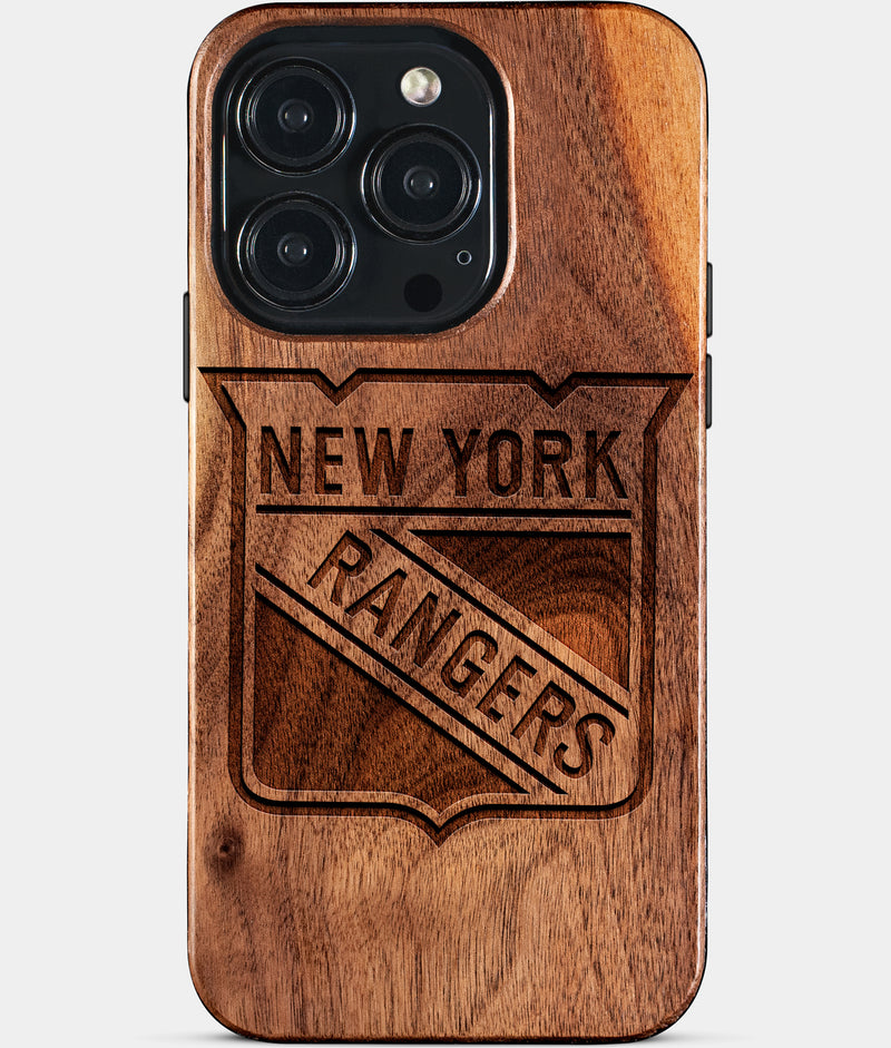 Eco-friendly New York Rangers iPhone 15 Pro Case - Carved Wood Custom New York Rangers Gift For Him - Monogrammed Personalized iPhone 15 Pro Cover By Engraved In Nature