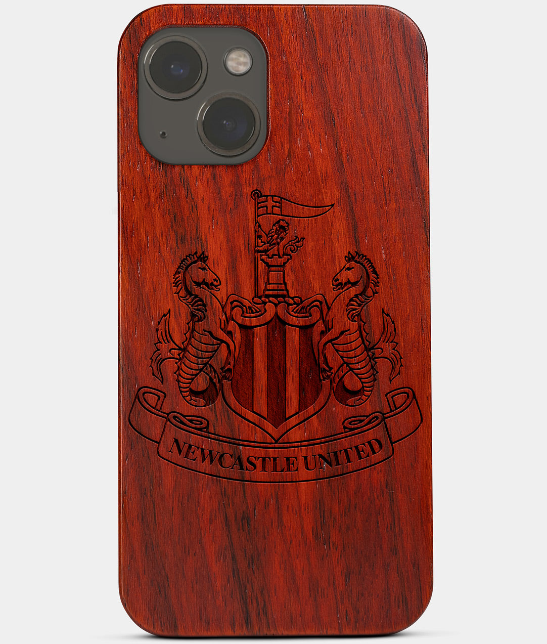 Carved Wood Newcastle United F.C. iPhone 13 Case | Custom Newcastle United F.C. Gift, Birthday Gift | Personalized Mahogany Wood Cover, Gifts For Him, Monogrammed Gift For Fan | by Engraved In Nature