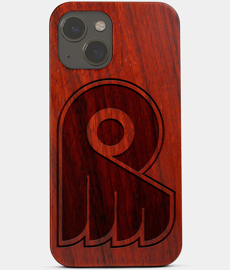 Carved Wood Philadelphia Flyers iPhone 13 Mini Case | Custom Philadelphia Flyers Gift, Birthday Gift | Personalized Mahogany Wood Cover, Gifts For Him, Monogrammed Gift For Fan | by Engraved In Nature