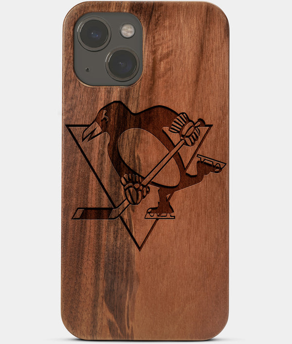 Carved Wood Pittsburgh Penguins iPhone 13 Mini Case | Custom Pittsburgh Penguins Gift, Birthday Gift | Personalized Mahogany Wood Cover, Gifts For Him, Monogrammed Gift For Fan | by Engraved In Nature