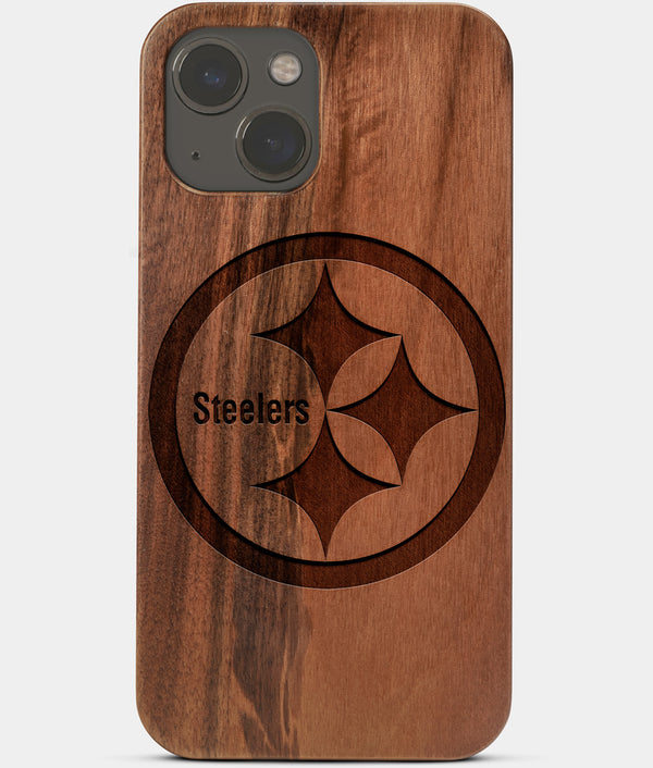 Carved Wood Pittsburgh Steelers iPhone 13 Mini Case | Custom Pittsburgh Steelers Gift, Birthday Gift | Personalized Mahogany Wood Cover, Gifts For Him, Monogrammed Gift For Fan | by Engraved In Nature