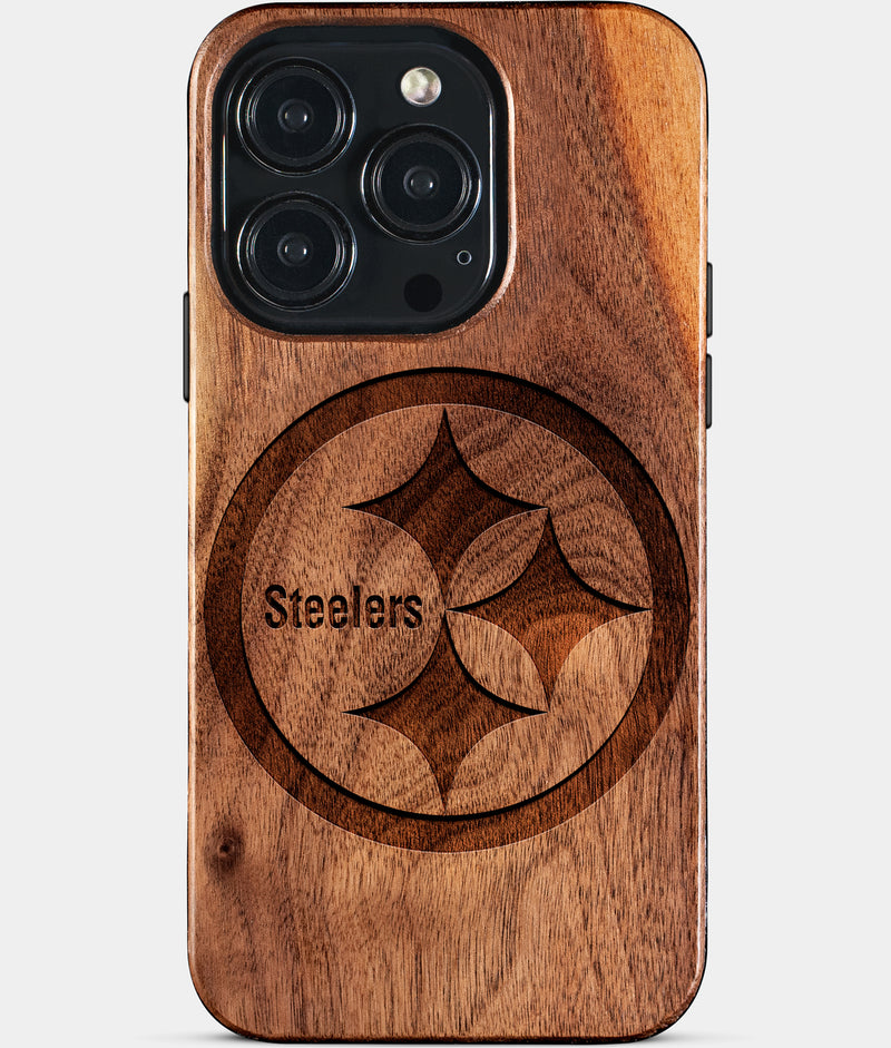 Eco-friendly Pittsburgh Steelers iPhone 15 Pro Case - Carved Wood Custom Pittsburgh Steelers Gift For Him - Monogrammed Personalized iPhone 15 Pro Cover By Engraved In Nature