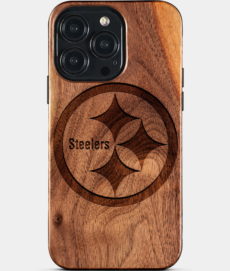 Eco-friendly Pittsburgh Steelers iPhone 15 Pro Max Case - Carved Wood Custom Pittsburgh Steelers Gift For Him - Monogrammed Personalized iPhone 15 Pro Max Cover By Engraved In Nature